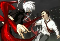  2boys battle black_nails blood commentary_request crossover duel izumi_shin&#039;ichi izumi_shinichi kagune_(tokyo_ghoul) kaneki_ken kiseijuu male_focus migi multiple_boys season_connection symbiote tokyo_ghoul utoutosousou 