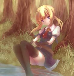  blonde_hair blue_eyes blush commentary_request female fingerless_gloves frederica_irving gloves grass reflection sekaiju_no_meikyuu shin_sekaiju_no_meikyuu sitting skirt solo tree twintails zinczinc_ka 