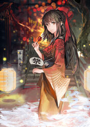  aituoku alternate_costume bad_id bad_pixiv_id blurry bokeh bow brown_eyes brown_hair candy candy_apple depth_of_field female festival food from_side hairbow hakurei_reimu hand_fan hand_fan_writing japanese_clothes kimono lantern long_hair looking_at_viewer night paper_fan paper_lantern smile solo summer summer_festival touhou uchiwa yukata 