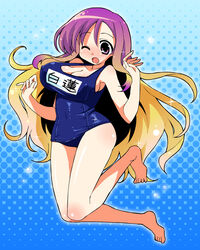  azumi_haruhito bad_id bad_link bad_nicoseiga_id blonde_hair blue_one-piece_swimsuit blush body_blush breasts bubble character_name covered_navel covered_nipples female full-face_blush gradient_hair halftone halftone_background highres hijiri_byakuren jumping large_breasts long_hair marisa_to_alice_no_cookie_storia multicolored_hair name_tag one-piece_swimsuit one_eye_closed purple_eyes purple_hair school_swimsuit shiny_clothes shiny_skin solo sparkle swimsuit touhou very_long_hair wide-eyed 