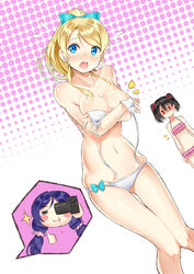  3girls ayase_eli bikini black_hair blonde_hair blood blue_eyes blush breast_envy breasts camcorder camera commentary d: female_pervert flying_sweatdrops frilled_bikini frills halftone halftone_background large_breasts long_hair love_live! love_live!_school_idol_project medium_breasts multiple_girls navel nosebleed open_mouth pervert ponytail purple_hair red_eyes shaded_face shitou_(1992116210) skindentation swimsuit thumbs_up tojo_nozomi twintails video_camera wardrobe_malfunction yazawa_nico 