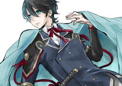  1boy bad_id bad_pixiv_id black_hair blue_eyes buttons cape double-breasted dutch_angle earrings horikawa_kunihiro jewelry katana keika male_focus simple_background solo stud_earrings sword touken_ranbu upper_body weapon white_background 