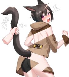  ^^^ animal_ears ass bike_shorts black_hair black_shorts blush brown_coat cat_ears cat_girl cat_tail coat commentary_request disembodied_hand female final_fantasy final_fantasy_xiv fingernails hair_between_eyes hand_up head_tilt highres hood hood_down hooded_coat long_sleeves looking_at_viewer looking_back miqo&#039;te oerba_yun_fang open_mouth page_tear purple_eyes revealing_layer sakura_chiyo_(konachi000) short_shorts shorts solo_focus sweat tail tail_grab tail_raised twitter_username warrior_of_light_(ff14) white_background wide_sleeves 