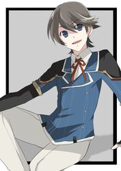  1boy blue_eyes brown_hair buttons commentary_request double-breasted horikawa_kunihiro looking_at_viewer male_focus open_mouth sitting solo touken_ranbu ui_(majiwi) 