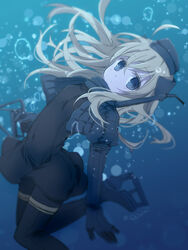  ahoge air_bubble arched_back artist_name blonde_hair blue_eyes blue_theme bubble commentary_request covered_navel cropped_jacket female floating_hair hat highres kantai_collection long_hair monochrome pantyhose solo suzushiro_kurumi u-511_(kancolle) underwater uniform 