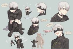  1boy 9s_(nier:automata) black_choker blindfold blue_eyes choker commentary_request gloves highres machine_(nier) male_focus multiple_views nahonanaho nier:automata nier_(series) open_mouth pale_skin pod_(nier:automata) shorts simple_background smile speech_bubble translation_request white_hair 