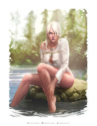  absurdres barefoot breasts ciri female freckles green_eyes highres jewelry krystopher_decker legs lips necklace panties photoshop_(medium) river shirt solo the_witcher_(series) the_witcher_3 underwear white_hair white_panties white_shirt witcher_medallion 