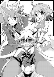  3girls animal animal_ear_fluff animal_ears animal_on_head armor breastplate breasts cape cat_ears cat_girl cat_tail commentary_request creature_on_head crossover dog_days dog_ears dog_girl dog_tail doronjo dragon dragon_on_head dress feathered_dragon fingerless_gloves gloves greyscale leopard_(yatterman) leotard mask millhiore_f._biscotti mini_dragon monochrome multiple_girls on_head one_eye_closed pina_(sao) short_hair short_twintails silica silica_(sao-alo) small_breasts sword_art_online tail thighhighs time_bokan_(series) tougo twintails yatterman yoru_no_yatterman 