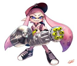  &gt;:) animal_humanoid backpack blue_eyes blush cephalopod cephalopod_humanoid clothing digital_media_(artwork) female footwear gun hat headgear headwear heavy_splatling hero_splatling holding_gun holding_object holding_ranged_weapon holding_weapon humanoid humanoid_pointy_ears inkling marine marine_humanoid mollusk mollusk_humanoid nintendo ranged_weapon shoes signature simple_background smile solo splatling splatoon standing sweater topwear weapon white_background yut0rir0 