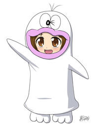  arm_up artist_name brown_eyes brown_hair cosplay female kigurumi obake_no_q-tarou ochame_nako one_eye_closed open_mouth q-tarou q-tarou_(cosplay) signature simple_background solo white_background 