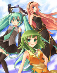  2boys 3girls bad_id bad_pixiv_id blue_eyes blue_hair blue_scarf covered_navel detached_sleeves green_eyes green_hair gumi hatsune_miku kaito_(vocaloid) kamui_gakupo long_hair megurine_luka moriya_ako multiple_boys multiple_girls naked_scarf necktie open_mouth photoshop_(medium) purple_hair scarf see-through skirt thighhighs twintails very_long_hair vocaloid 