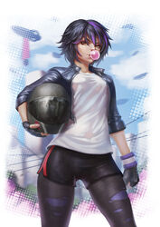  big_hero_6 black_hair blowing_bubbles chewing_gum commentary eyeshadow female fingerless_gloves gloves gogo_tomago helmet highres jacket leggings makeup motorcycle_helmet multicolored_hair photoshop_(medium) purple_hair short_hair short_shorts shorts solo two-tone_hair zhen_long 