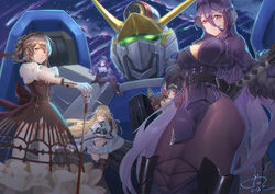  5girls ahoge black_dress black_gloves black_legwear blonde_hair blue_eyes blue_hair breasts cleavage commentary concealed_weapon crinoline dated dress gloves hair_between_eyes hand_on_own_hip hand_up heinrich_(iron_saga) high_ponytail highres iron_saga judith_(iron_saga) jujumaho_(nanigaxila) large_breasts looking_at_viewer mecha medium_breasts midriff multiple_girls nanase_shiotsuki_(iron_saga) navel night night_sky oboro_(iron_saga) purple_hair red_eyes robot sheath sheathed shooting_star short_sleeves sitting sky small_breasts snow_(iron_saga) staff standing sword sword_cane thighhighs weapon white_gloves white_legwear 