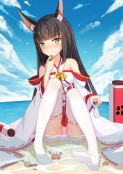  animal animal_ear_fluff animal_ears ass azur_lane bare_shoulders blue_sky blush brown_eyes brown_hair closed_mouth cloud cloudy_sky commentary_request crab day female fox_ears frilled_kimono frills hair_ornament hairclip hakama hakama_skirt hand_up highres holding horizon japanese_clothes kimono leaning_to_the_side long_hair long_sleeves muq nagato_(azur_lane) nagato_(great_fox&#039;s_white_gown)_(azur_lane) no_shoes outdoors panties photoshop_(medium) red_hakama ribbon-trimmed_legwear ribbon_trim skirt sky smile soles solo striped_clothes striped_panties thighhighs tokkuri underwear very_long_hair white_kimono white_thighhighs wide_sleeves x_hair_ornament 