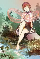  anklet barefoot brown_hair closed_eyes commentary female grass hairband highres jewelry kagari6496 nature photoshop_(medium) rattle_drum rock shirt short_hair sitting skirt smile solo touhou tsukumo_yatsuhashi water 