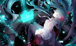  aqua_eyes aqua_hair commentary_request elbow_gloves female floating_hair gloves hatsune_miku hatsune_miku_(append) long_hair necktie phino sitting solo thighhighs very_long_hair vocaloid vocaloid_append 