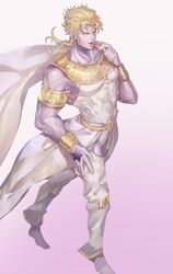  1boy armband bad_id bad_pixiv_id barefoot blonde_hair candy cape colored_skin commentary_request dio_brando egyptian egyptian_clothes facial_mark food gradient_background heaven_ascended_dio jojo_no_kimyou_na_bouken jojo_no_kimyou_na_bouken:_eyes_of_heaven knee_pads lollipop long_hair male_focus pink_background purple_skin scar scar_on_neck solo star_(symbol) tazawa_(odamura) tongue usekh_collar wrist_cuffs yellow_eyes 