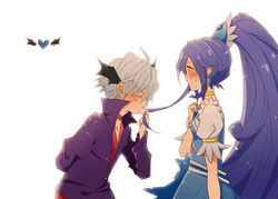  1boy ahoge bat_wings blue_bow blue_hair blush bow choker closed_eyes commentary_request crystal_earrings cure_diamond dokidoki!_precure earrings female grey_hair head_wings heart hishikawa_rikka ira_(dokidoki!_precure) jewelry kissing_hair long_hair ponytail precure straight wings yutsuchi 