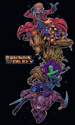  2boys absurdres animification commentary_request dagger drax_the_destroyer female gamora groot guardians_of_the_galaxy gun highres knife marvel marvel_cinematic_universe multiple_boys peter_quill reverse_grip rocket_raccoon tagane weapon 