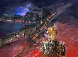  1boy beam_rifle blonde_hair blue_eyes brown_eyes commentary_request energy_gun graphite_(medium) gundam gundam_unicorn koukaku male_focus mecha mixed_media painting_(medium) pilot_suit realistic riddhe_marcenas robot science_fiction traditional_media unicorn_gundam_banshee watercolor_(medium) weapon 