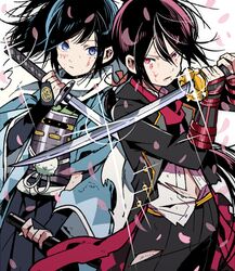  2boys armor bad_id bad_pixiv_id blood blue_eyes blue_hair bridal_gauntlets cherry_blossoms hakama hakama_skirt haori hidakarumen japanese_armor japanese_clothes kashuu_kiyomitsu katana kote long_hair male_focus mole mole_under_eye mole_under_mouth multiple_boys navel ponytail red_eyes red_hair red_scarf scarf sheath shinsengumi skirt sword torn_clothes touken_ranbu weapon white_scarf yamato-no-kami_yasusada 