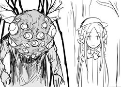  abigail_williams_(fate) bad_id bad_twitter_id bloodborne commentary_request crossover eyeball fate/grand_order fate_(series) female garden_of_eyes greyscale hair_ribbon hat highres kankan33333 long_hair monochrome monster parted_bangs ribbon standing wings 