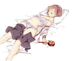  bra brown_hair closed_eyes clothes_pull commentary female kagari6496 long_sleeves lying midriff navel on_back open_clothes open_shirt panties parted_lips pillow rattle_drum shirt short_hair simple_background skirt skirt_pull sleeping solo touhou tsukumo_yatsuhashi underwear white_background 