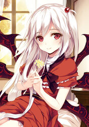  black_bow black_bowtie blush bow bowtie capelet curtains demon_wings dress eien_no_juu_nana-sai eyes_visible_through_hair female flower frills hair_bobbles hair_ornament hairbow highres holding holding_flower indoors ke-ta_(style) long_hair looking_at_viewer multiple_wings one_side_up own_hands_together reclining red_capelet red_dress red_eyes see-through shinki_(touhou) short_dress solo touhou touhou_(pc-98) upper_body white_hair window wings 