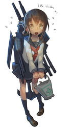  12_(xaenedju) blush brown_eyes brown_hair bucket commentary_request female flying_sweatdrops folded_ponytail hair_up inazuma_(kancolle) kantai_collection looking_at_viewer open_mouth school_uniform serafuku short_hair skirt solo sweatdrop 