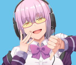  :d arm_up blue_background bow bowtie collared_shirt commentary_request dress_shirt female fingernails glasses gridman_universe hair_between_eyes hand_on_own_face hand_up head_tilt headphones jacket light_purple_hair long_fingernails long_sleeves off_shoulder open_clothes open_jacket open_mouth pink-framed_eyewear pink-tinted_eyewear purple_bow purple_bowtie purple_jacket red_eyes semi-rimless_eyewear shin&#039;yashiki shinjou_akane shirt short_hair simple_background smile solo ssss.gridman thumbs_down tinted_eyewear under-rim_eyewear upper_body white_shirt wing_collar yellow-tinted_eyewear 