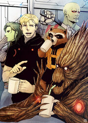  2boys animification bad_id bad_pixiv_id cup drax_the_destroyer drinking female gamora groot guardians_of_the_galaxy iduhara_jugo marvel marvel_cinematic_universe mug multiple_boys peter_quill photoshop_(medium) rocket_raccoon 