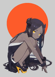  bare_shoulders black_hair dark-skinned_female dark_skin female from_side high_heels horns kuroboshi_kouhaku long_hair mary_janes original parted_bangs platform_footwear platform_heels roroboshi-chan shoes short_shorts shorts solo squatting striped very_dark_skin very_long_hair wrist_cuffs yellow_eyes 