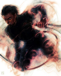  1boy azazel_(x-men) bad_id bad_pixiv_id black_hair colored_skin dagger dual_wielding facial_hair goatee holding iduhara_jugo knife male_focus marvel photoshop_(medium) pointy_ears red_skin reverse_grip scar solo tail weapon x-men x-men:_first_class 