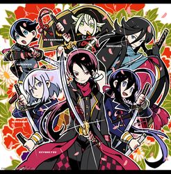  6+boys ahoge armor bad_id bad_pixiv_id black_hair blue_eyes buttons cape character_name cherry_blossoms double-breasted green_eyes hidakarumen honebami_toushirou horikawa_kunihiro hotarumaru izumi-no-kami_kanesada japanese_armor kashuu_kiyomitsu katana kote letterboxed long_hair looking_at_viewer male_focus military military_uniform mole mole_under_mouth multiple_boys nail_polish namazuo_toushirou open_mouth ponytail purple_eyes purple_hair red_eyes red_nails red_scarf scarf sheath short_hair sword touken_ranbu uniform very_long_hair weapon 