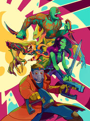  4boys alien colorful commentary_request drax_the_destroyer female fujimayo gamora groot guardians_of_the_galaxy gun highres marvel marvel_cinematic_universe mask multiple_boys peter_quill raccoon rocket_raccoon sword weapon 