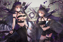  2girls armband bare_shoulders black_dress black_hair black_pants black_skirt blue_eyes bow breasts commentary_request dress energy_ball eye_contact fantasy feline flat_chest flower grey_background hair_flower hair_ornament hairbow hand_on_own_hip large_breasts long_hair looking_at_another midriff multiple_girls navel orb pants petals purple_eyes purple_flower purple_rose rose sirokurodai skirt standing thigh_strap very_long_hair wristband 