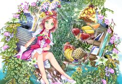  apple banana bow brown_hair choker collarbone commentary_request cosplay cure_flora cure_flora_(cosplay) dress dutch_angle female flower food fruit gloves go!_princess_precure green_eyes hair_flower hair_ornament haruno_haruka high_heels highres looking_at_viewer parted_lips pink_dress precure pumps purple_flower self_cosplay short_dress short_hair short_sleeves sitting smile solo stairs tied_hair veil waist_bow watermelon white_footwear white_gloves white_sleeves yuutarou_(fukiiincho) 