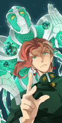  2boys azkn commentary_request earrings gakuran gem green_eyes green_gemstone hierophant_green highres jewelry jojo_no_kimyou_na_bouken kakyoin_noriaki multiple_boys pink_hair red_hair school_uniform stand_(jojo) stardust_crusaders 