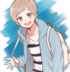  1boy backpack bad_id bad_pixiv_id bag blue_eyes blush grey_hair hood hoodie male_focus mole mole_under_eye open_mouth saeki_kira shounen_hollywood smile solo tsuchiya_(1315444) 