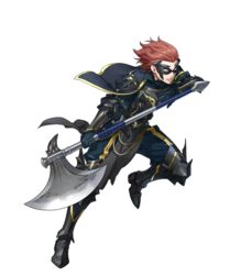  1boy arm_guards armor armored_boots axe battle_axe black_armor black_capelet boots breastplate cape capelet commentary_request elbow_pads fire_emblem fire_emblem_awakening fire_emblem_heroes full_body gerome_(fire_emblem) gloves highres holding holding_weapon indesign long_sleeves looking_away male_focus mask official_art pants parted_lips pauldrons pelvic_curtain puffy_sleeves red_hair shoulder_armor solo striped transparent_background vambraces weapon 