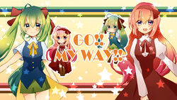  2girls blue_eyes chibi commentary_request copyright_name dress green_eyes green_hair hair_ribbon hatsune_miku long_hair megurine_luka multiple_girls pink_hair ribbon star_(symbol) twintails very_long_hair vocaloid yutsuchi 