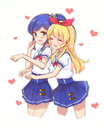  2girls :d ^_^ aikatsu! aikatsu!_(series) blonde_hair blue_eyes blue_hair blue_scrunchie blue_skirt blush closed_eyes commentary_request cropped_legs hair_ornament hair_ribbon hair_scrunchie heart heart_background highres hoshimiya_ichigo hug hug_from_behind kiriya_aoi long_hair makiaato multiple_girls open_mouth pleated_skirt puffy_short_sleeves puffy_sleeves red_ribbon ribbon school_uniform scrunchie serafuku shirt short_sleeves side_ponytail simple_background skirt smile starlight_academy_school_uniform very_long_hair white_background white_shirt yuri 