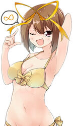  amai_nekuta arm_behind_head armpits bikini breasts brown_hair cleavage collarbone commentary female hair_ribbon highres looking_at_viewer medium_hair navel one_eye_closed open_mouth red_eyes ribbon side-tie_bikini_bottom solo speech_bubble swimsuit takamiya_nasuno takamiya_nasuno_desu! teekyuu upper_body yellow_bikini 