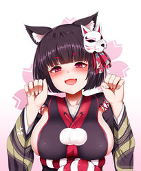  :d absurdres animal_ears azur_lane bad_id bad_pixiv_id black_hair black_kimono blunt_bangs blush breasts cat_ears female fox_mask highres japanese_clothes kimono kouhaku_nawa large_breasts looking_at_viewer mapar mask mask_on_head mismatched_eyebrows oerba_yun_fang open_mouth paw_pose photoshop_(medium) pom_pom_(clothes) red_eyes rope shimenawa short_hair sideboob sideless_kimono smile solo upper_body yamashiro_(azur_lane) yamashiro_(retrofit)_(azur_lane) 