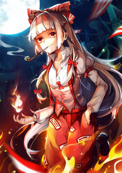  bamboo bamboo_forest commentary_request female fire forest fujiwara_no_mokou full_moon hair_ribbon hand_in_pocket kiseru long_hair long_sleeves moon nature night night_sky ofuda pants photoshop_(medium) puffy_sleeves red_eyes ribbon rokusai shirt sky smile smoke smoking smoking_pipe solo touhou tress_ribbon white_hair 