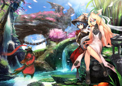  animal_ears blonde_hair blue_eyes khanshin original petals waterfall witch_hat 