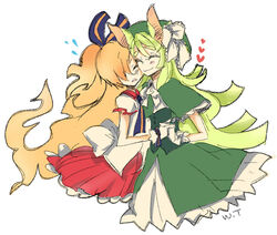  2girls animal_ears blush bow closed_eyes commentary_request dress gen&#039;ei_wo_kakeru_taiyou gloves hairbow heart holding_hands long_hair multiple_girls ribbon simple_background sweatdrop taiyou_akari tsukuyomi_luna werewolf wheattea white_background wolf_ears wolf_girl yuri 