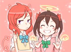  2girls \m/ ^_^ angel_and_devil blue_bow blue_bowtie blush_stickers bow bowtie brown_eyes brown_hair closed_eyes demon_tail detached_wings drawn_halo drawn_horns drawn_tail drawn_wings friedbun green_bow green_bowtie hairbow halo horns index_finger_raised long_sleeves love_live! love_live!_school_idol_project multiple_girls nico_nico_nii nishikino_maki otonokizaka_school_uniform pink_background pout purikura purple_eyes red_bow red_hair school_uniform shirt short_sleeves striped_bow striped_bowtie striped_clothes sweater_vest swept_bangs tail twirling_hair upper_body white_shirt wings yazawa_nico 