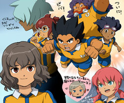  6+boys amagi_daichi aqua_eyes aqua_hair brown_eyes brown_hair commentary_request dark-skinned_male dark_skin glasses goggles goggles_on_head hamano_kaiji hayami_tsurumasa heart ichino_nanasuke inazuma_eleven_(series) inazuma_eleven_go kirino_ranmaru kurama_norihito kurumada_gouichi long_hair male_focus mizuhara_aki multiple_boys no_pupils open_mouth pink_hair raimon raimon_soccer_uniform shindou_takuto soccer_uniform sportswear twintails 