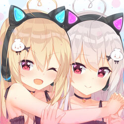  2girls ;d absurdres ahoge animal_ear_headphones animal_ears bad_id bad_pixiv_id bare_arms bare_shoulders bell black_bra black_choker blonde_hair blush bra cat_ear_headphones cat_ears cat_lingerie chinese_commentary choker closed_mouth collarbone commentary_request fake_animal_ears frilled_bra frills hair_between_eyes hair_ornament headphones heart heart_ahoge highres holding_hands interlocked_fingers jingle_bell jyt looking_at_viewer meme_attire multiple_girls neck_bell niliu_chahui oerba_yun_fang one_eye_closed open_mouth original purple_eyes siblings sisters smile tokisaki_asaba_(niliu_chahui) tokisaki_mio_(niliu_chahui) twins underwear white_hair x_hair_ornament 